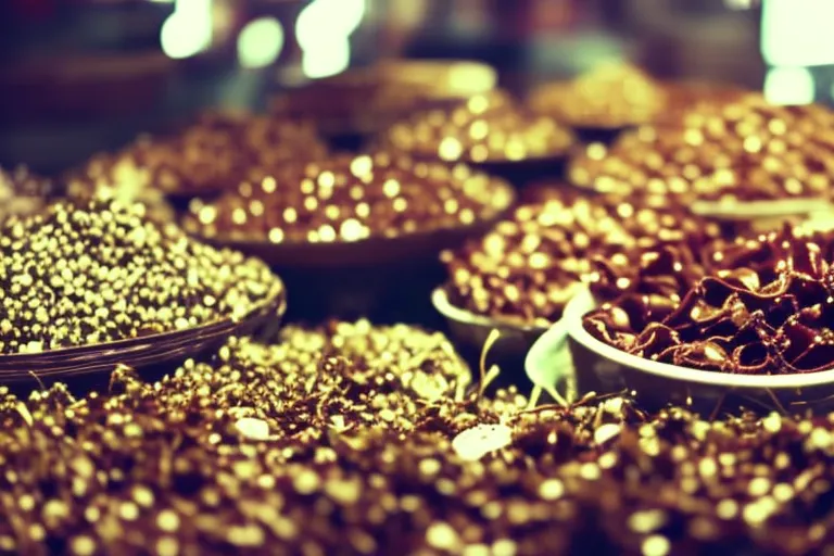 A colorful array of handmade items, from textiles to pottery, displayed in a bustling market.