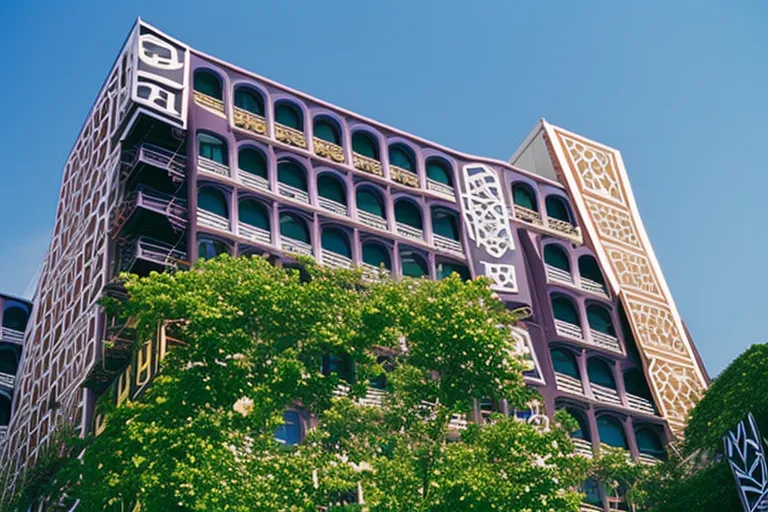 A colorful building with intricate patterns and designs, set against a backdrop of lush greenery and a clear blue sky.