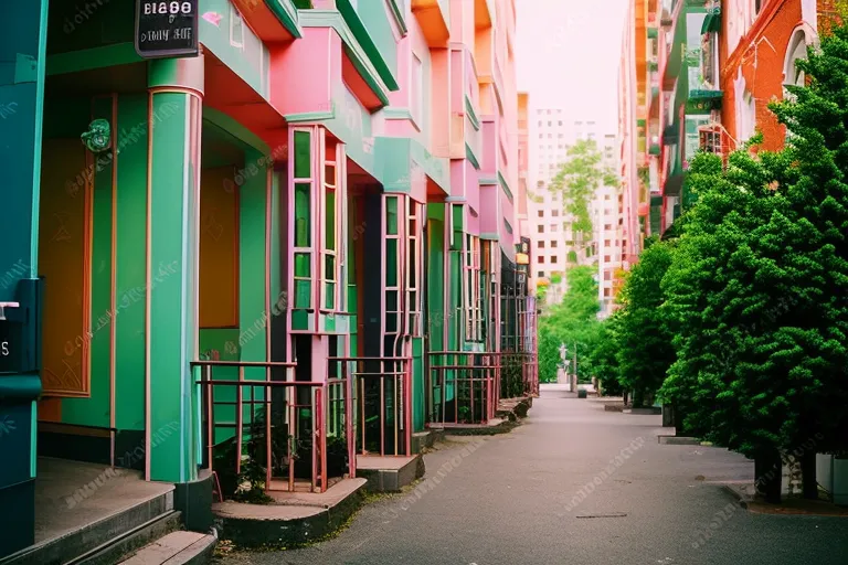 A photo of colorful buildings with unique architecture, surrounded by lush greenery and vibrant street art.