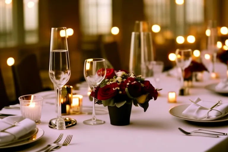 A table set for a business lunch, featuring elegant white plates, polished silverware, crystal glasses, and a vase of fresh flowers. The lighting is warm and inviting, casting a soft glow over the scene.