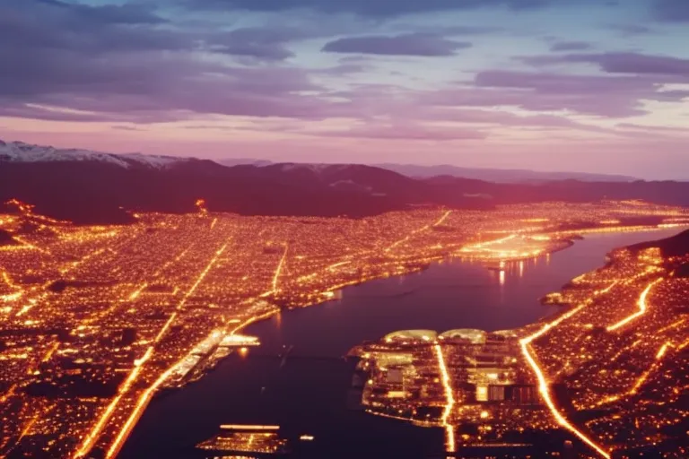 A bird's eye view of a colorful urban landscape surrounded by mountains. The sky is clear blue with a hint of orange from the setting sun.