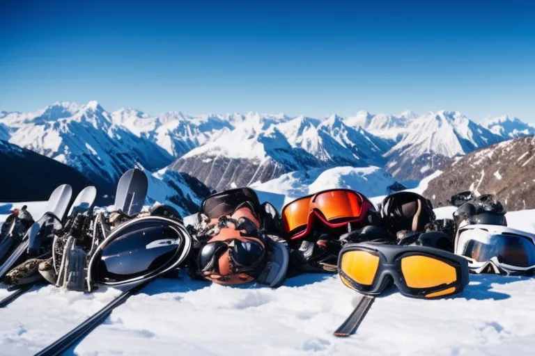 A snowy landscape with a pile of ski gear arranged neatly in the foreground, including skis or snowboard, boots, helmet, goggles, and a backpack. The backdrop shows a beautiful mountain range with a hint of blue sky.