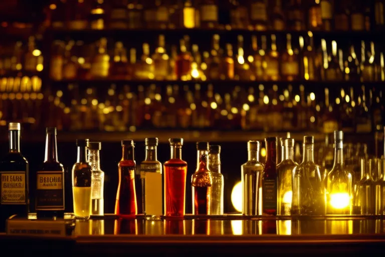 A dimly lit room with a glowing bar. Bottles of various shapes and colors line the shelves behind the bartender, while a chalkboard lists the specialty cocktails of the night.