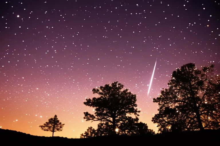A photo of a dark, starry night sky with a hint of city lights in the distance. There is a silhouette of a tree or hill in the foreground, and a shooting star streaking across the sky.