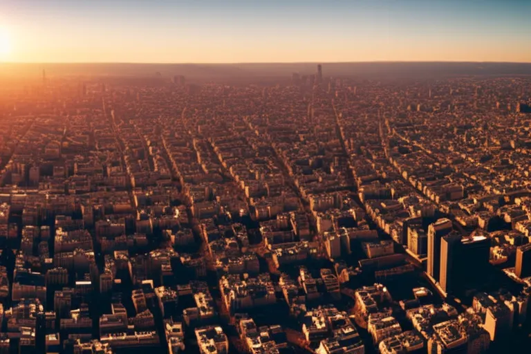 A cityscape bathed in warm morning light, captured from a high vantage point with a wide-angle lens.