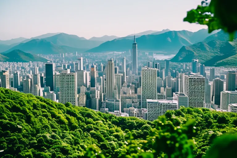 A vibrant cityscape with a mix of modern and historic architecture, framed by lush greenery and surrounded by mountains in the background.