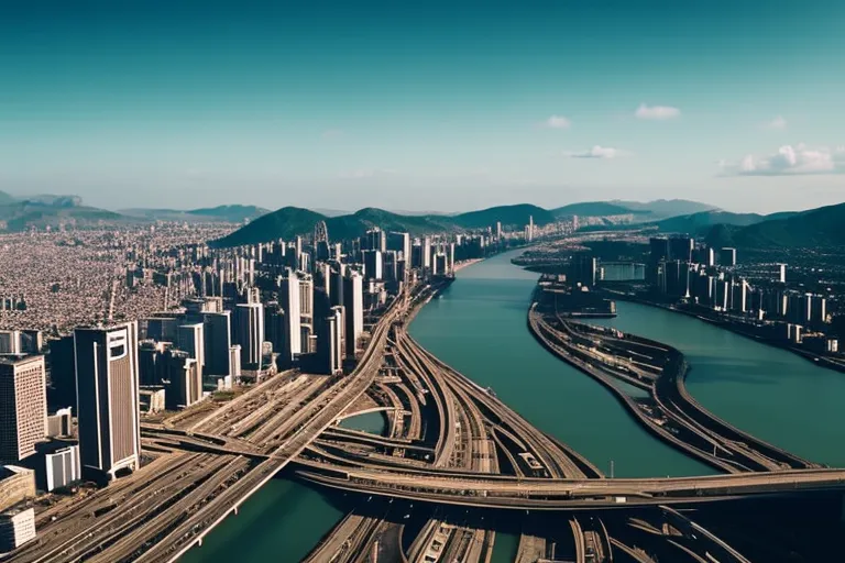 A vibrant cityscape with towering structures and winding roads, overlooking a vast expanse of mountains and a river flowing through the center.
