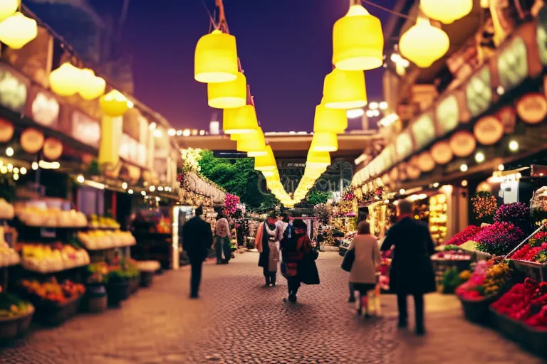 A winding cobblestone path leads through a colorful marketplace, with vendors selling unique and vintage items. The path is lined with bright flowers and greenery, creating a lively and inviting atmosphere.
