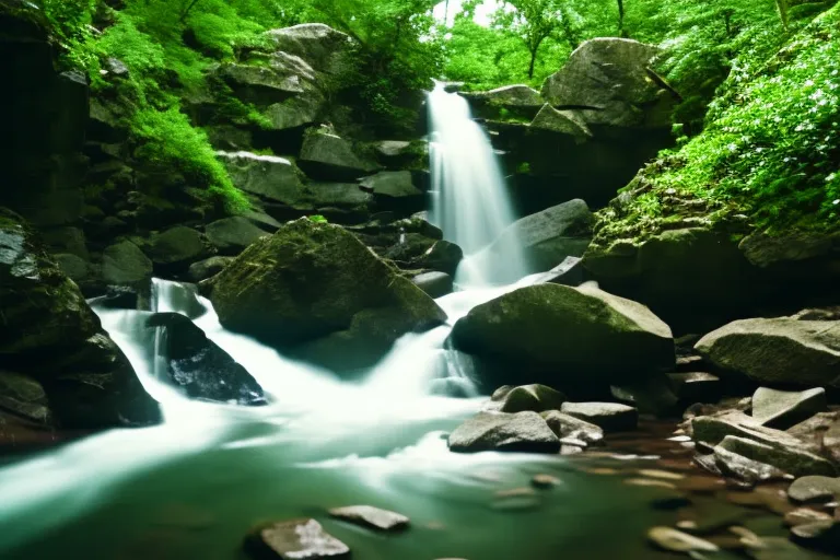 A tranquil scene of rushing water cascading over rocks under a canopy of lush green foliage.
