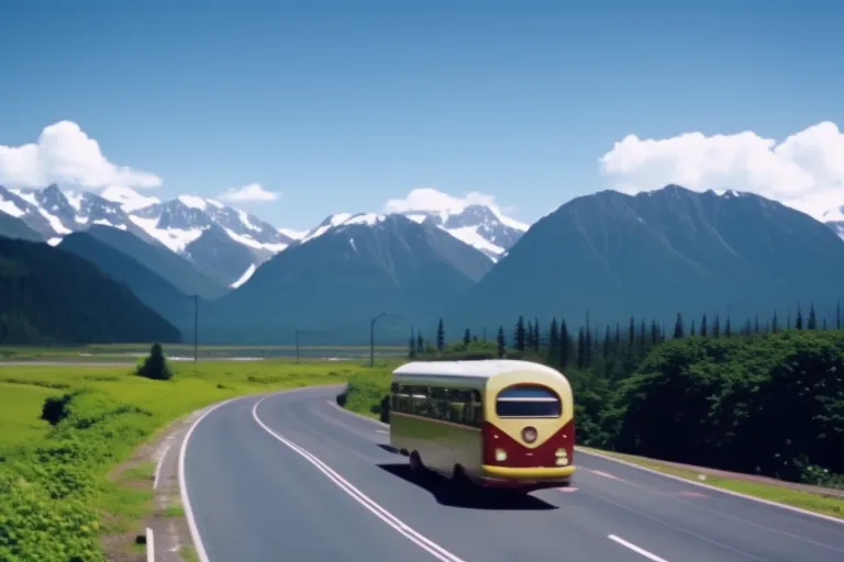 A winding road leading towards a distant mountain range, with various modes of transportation (e.g. buses, trains, cars) parked or passing by on the side of the road.