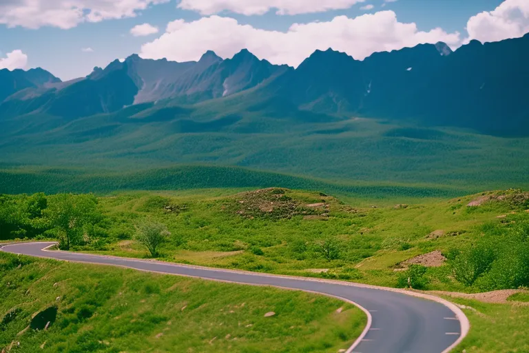 A winding road through a scenic landscape, with mountains in the distance.