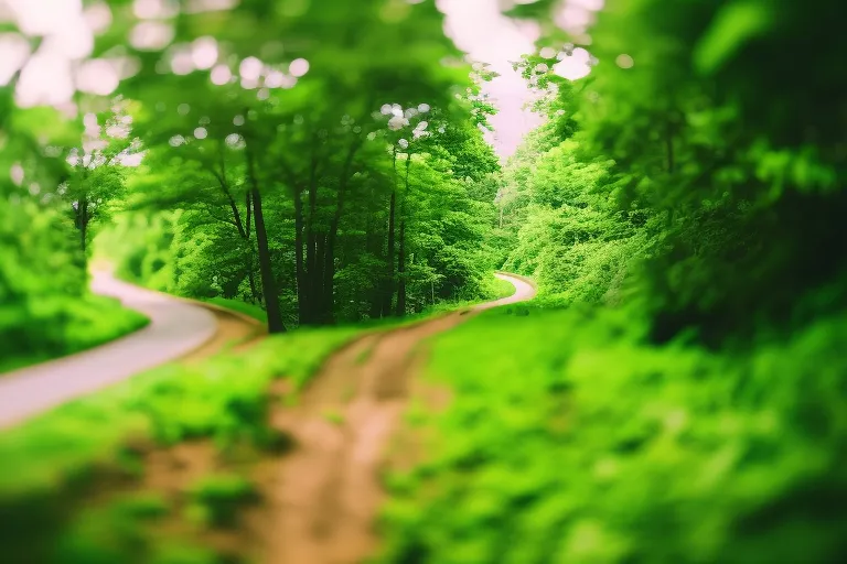 A winding road through lush greenery, with a vehicle in the distance. The scenery is blurred, giving a sense of movement and adventure.