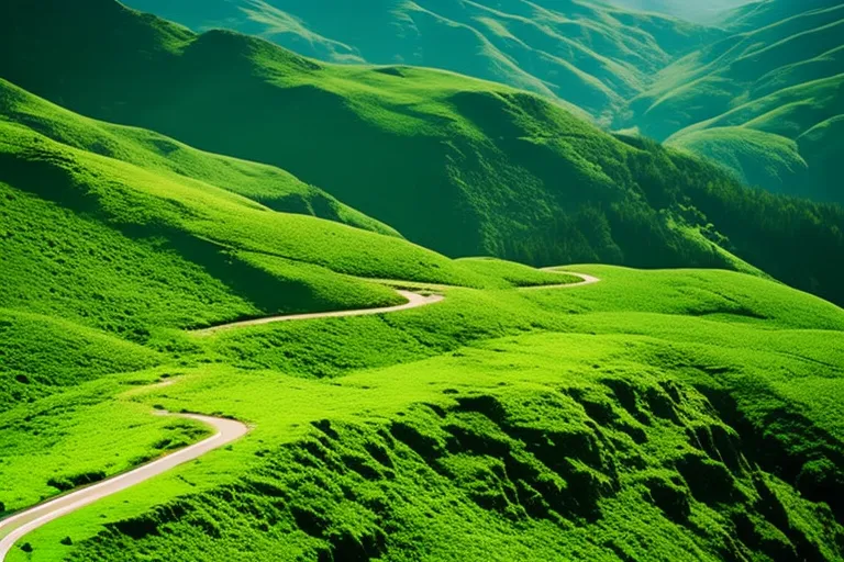 A winding road through lush green hills and valleys, leading towards a distant mountain range.