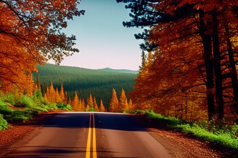 A misty mountain road winds through a colorful landscape with vibrant trees and foliage.