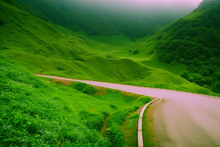 A winding road through lush green hills with a hint of mist in the air.