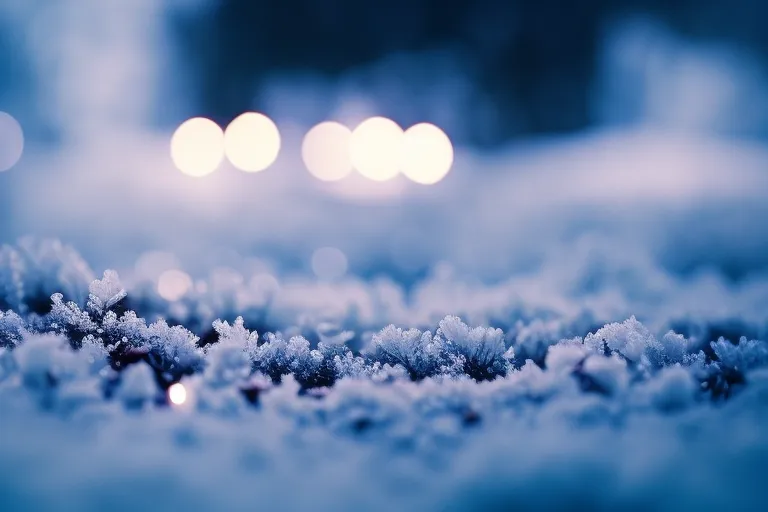 A winter wonderland captured through a frosted lens, showcasing the contrast between warm and cool tones, with natural elements framing the shot.
