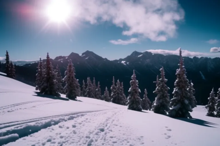 A snow-covered mountain range with ski tracks leading towards a futuristic ski lift in the distance, surrounded by trees and a cloudy sky.