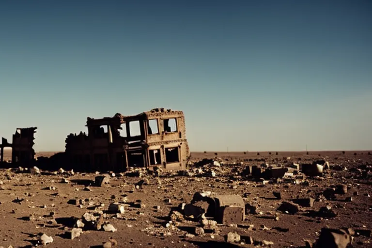 A crumbling structure stands alone amidst barren land, a symbol of the devastation wrought by a long-lasting conflict.