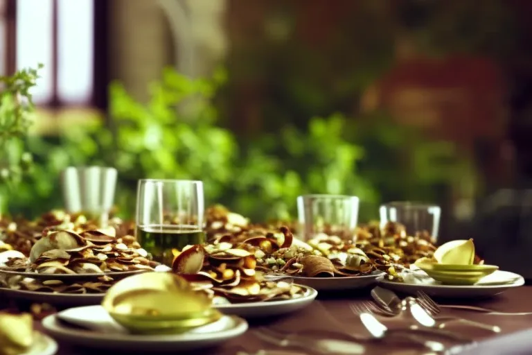 A table filled with colorful dishes and wine glasses, surrounded by green herbs and nut shells.