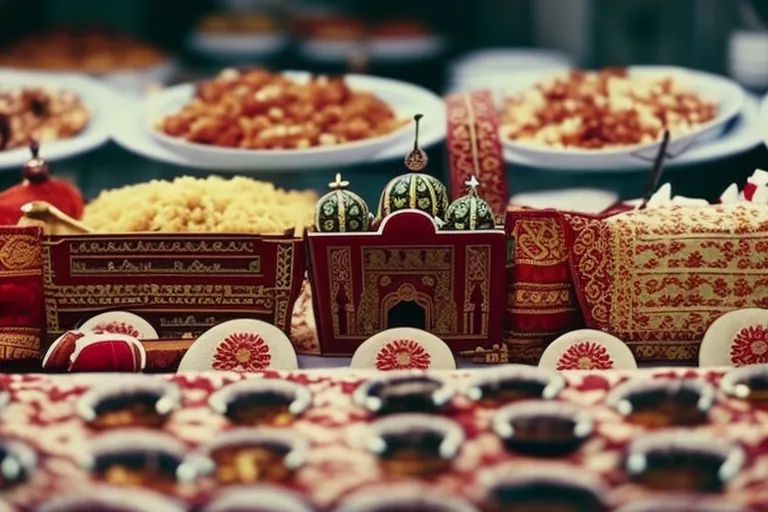 A colorful landscape featuring elements of Georgian culture: traditional patterns, musical instruments, and cuisine.