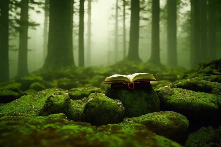 A misty forest with twisted trees and a glowing book on a mossy rock.