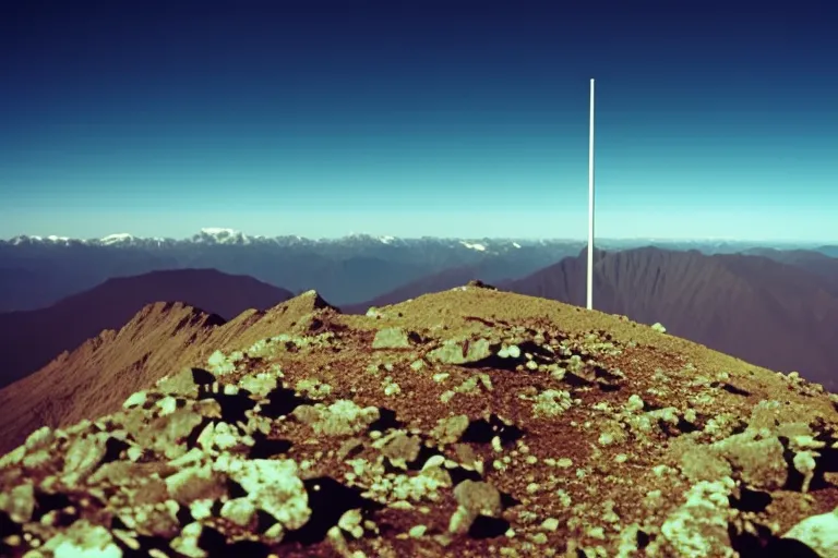 A mountainous landscape with a clear blue sky and a solitary flagpole rising from the peak.