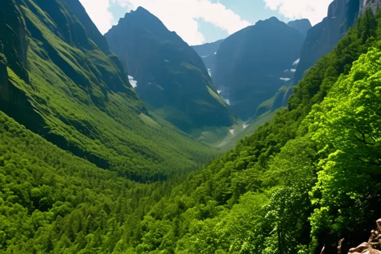 A majestic landscape with towering mountains and lush greenery, hinting at the grandeur and natural beauty of a kingdom's golden age.