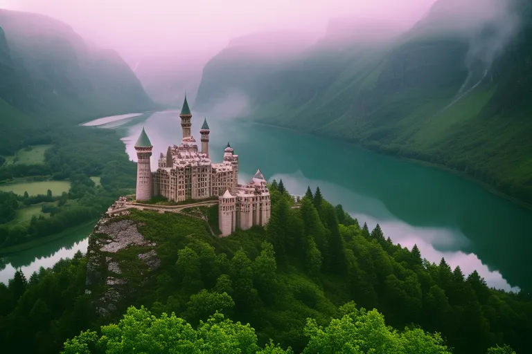 A misty mountain landscape with a majestic castle perched on top, surrounded by lush greenery and a river winding through the valley below.