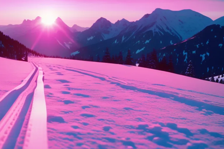 A snowy landscape with ski tracks leading towards a distant mountain range. The sky is a gradient of pink and blue, with a hint of orange on the horizon.