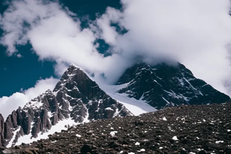A snowy mountain peak towering over a rugged terrain, with a cloudy sky in the background.