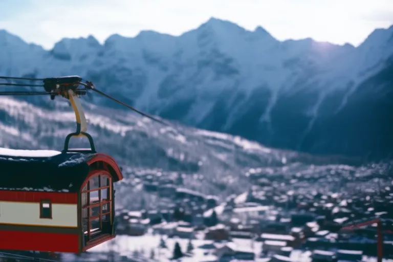 A snow-covered mountain range with a ski lift in the foreground, and a vibrant, colorful village nestled at the base of the mountain.