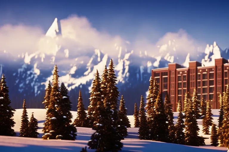 A winter wonderland scene with snow-covered peaks in the background, featuring a grand lodge with warm lights shining from its windows and smoke rising from its chimney.