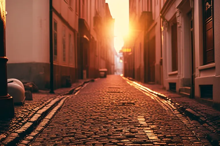 A dreamy photo of a narrow, cobblestone street with warm lighting and whimsical decor.