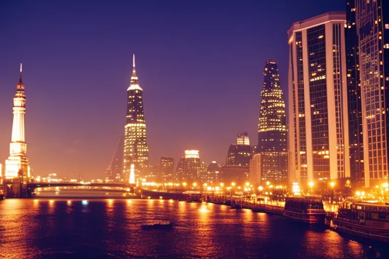 A dreamy, romantic cityscape with twinkling lights and a prominent landmark towering in the background.