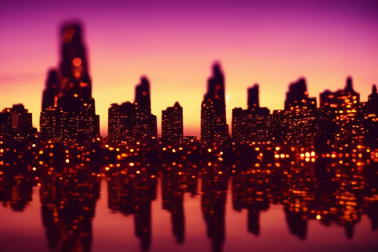 A photo of a vibrant city skyline at dusk, with warm tones of orange and pink in the sky reflecting off the glass buildings.