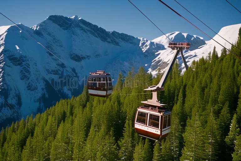 A snowy mountain peak in the background with a cable car or gondola riding up towards it, surrounded by trees and a clear blue sky.