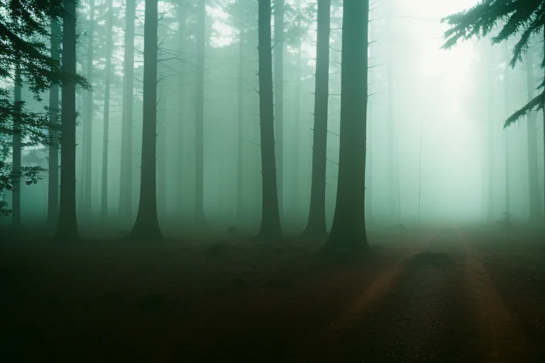 A misty forest enveloped in soft light, with a glimpse of a towering structure emerging in the background.