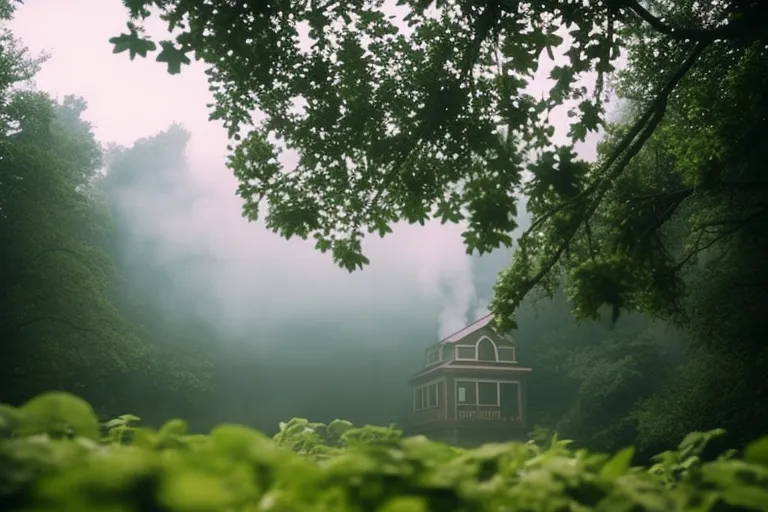 A misty, steamy landscape with a building in the background, surrounded by lush greenery.