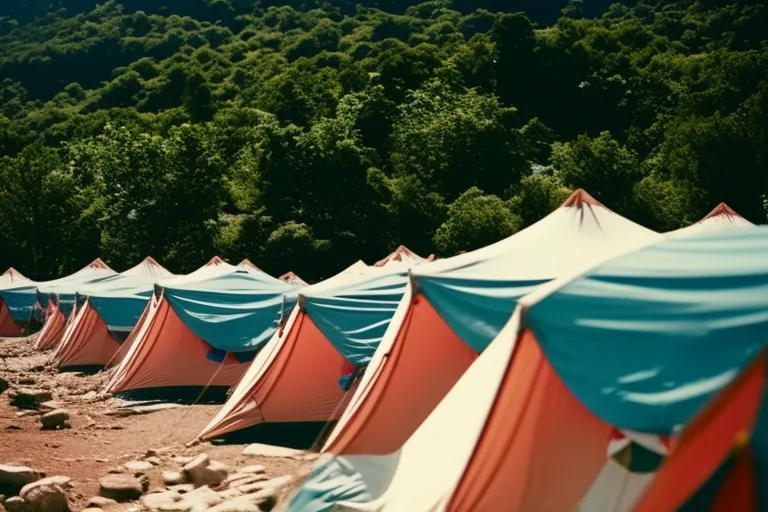 A mountainous landscape with colorful tents and flags scattered throughout, surrounded by trees and a river.