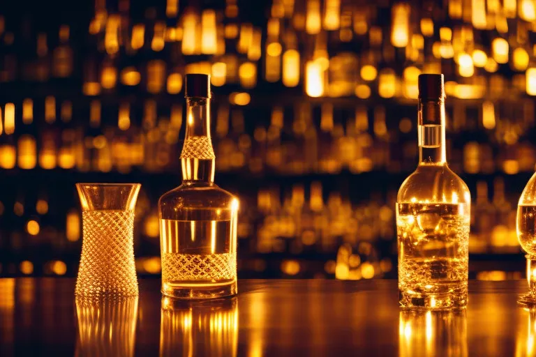 A dimly lit bar with a row of glowing bottles behind the counter. In the foreground, a single glass with a drink that casts a warm, amber-colored reflection on the polished wood surface.