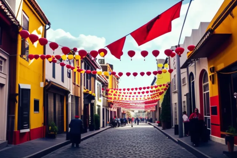 A colorful street scene showcasing the vibrant culture of a bustling city. Brightly painted buildings line the cobblestone street, with colorful flags and banners waving in the wind. The scene is alive with energy, capturing the essence of the city's cultural experiences.