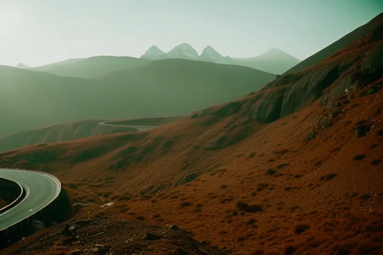 A misty mountain landscape with a winding road leading towards a towering structure in the distance.