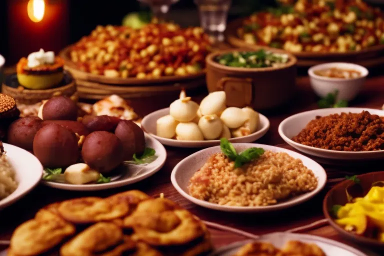 A colorful spread of Georgian cuisine on a rustic wooden table with traditional dishes, sweets, and drinks, showcasing the unique fusion of Middle Eastern, Mediterranean, and Eastern European flavors.