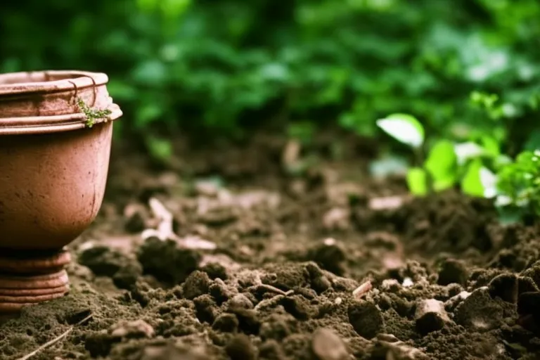 A rustic scene featuring a clay vessel buried in the ground, surrounded by lush green vines and foliage.