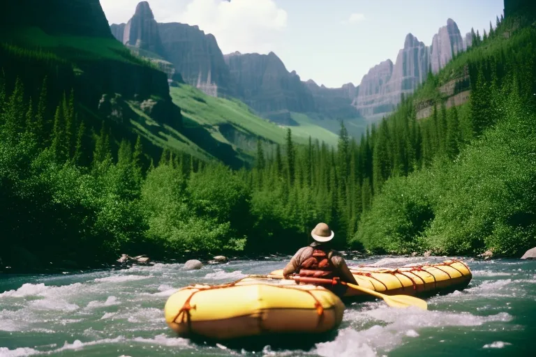 A rushing river with a raft and paddles in the foreground, set against a backdrop of towering green trees and rugged mountains in the distance.