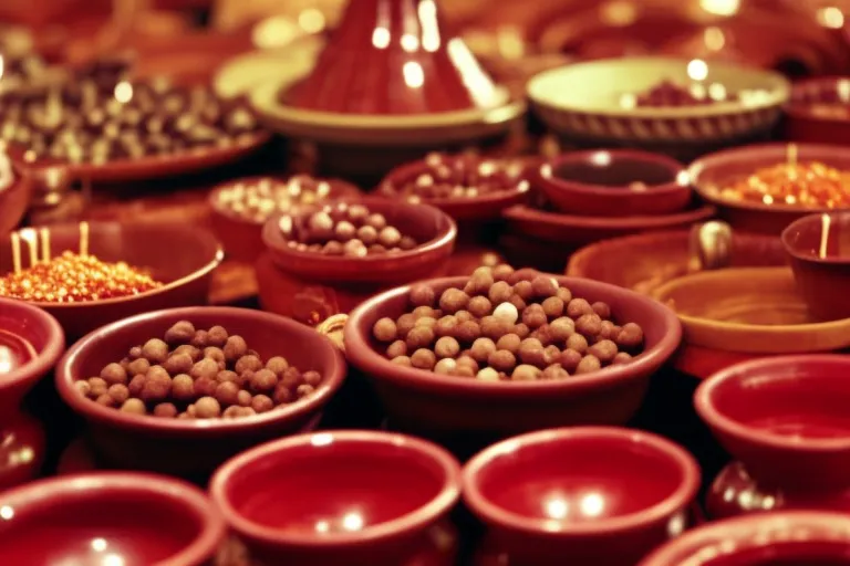 A colorful market display of traditional pottery, textiles, and sweets. The foreground is filled with vibrant chokhas and churchkhela, while the background shows rows of handmade ceramics and fabrics.