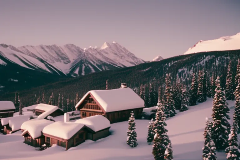 A snowy mountain range with a cozy, rustic ski lodge nestled in the foreground.