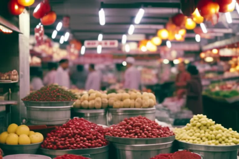 A colorful street market in a bustling city, with vibrant fruits and vegetables displayed on tables and vendors calling out to potential customers.