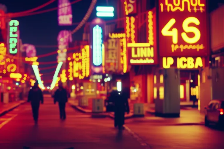 A neon-lit street lined with various entrance signs, each one emitting a different color and pattern, inviting passersby to explore the vibrant nightlife behind them.