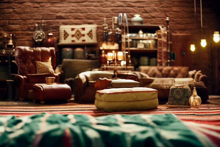 A vibrant and eclectic mix of vintage and antique finds, displayed on colorful blankets and rugs, set against a backdrop of textured walls and rustic architecture.